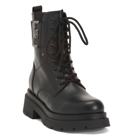 NEROGIARDINI Black Made In Italy Leather Logo Plate Lace Up Booties - Picture 1 of 2